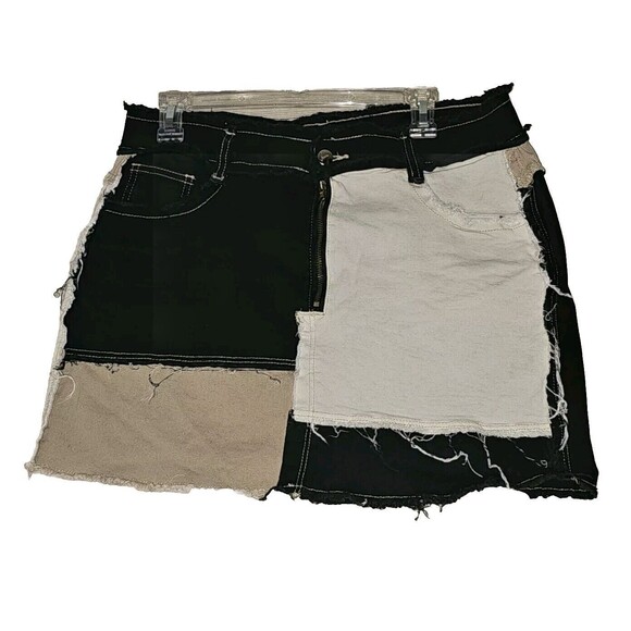 Distressed DemimPatchwork Skirt Womens Size XXL Black, Tan And White - Picture 1 of 4